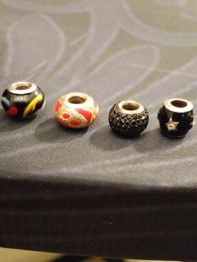 Glass and Pave Bead Charm Set - Black, Red, Multicolor - 925 Sterling Silver